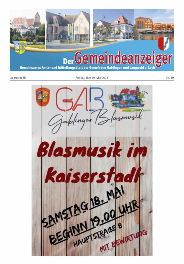 Der Gemeindeanzeiger - Gablingen Langweid Titelblatt 19/2024