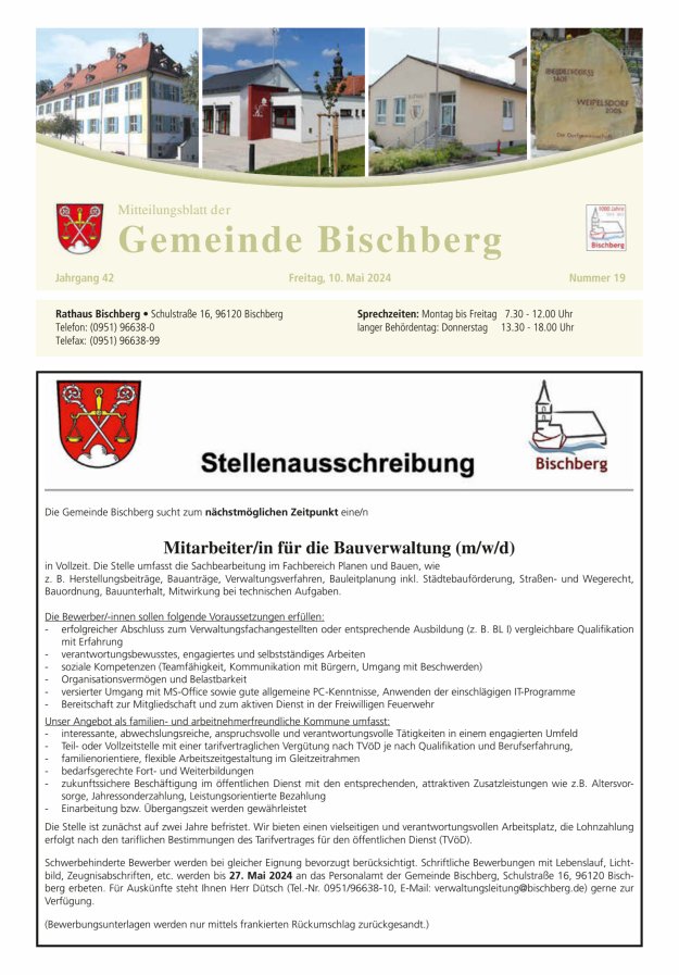 Mitteilungsblatt der Gemeinde Bischberg Titelblatt 19/2024