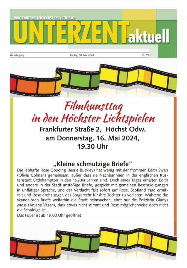 Unterzent aktuell Wochenzeitung für Höchst und Lützelbach Titelblatt 19/2024