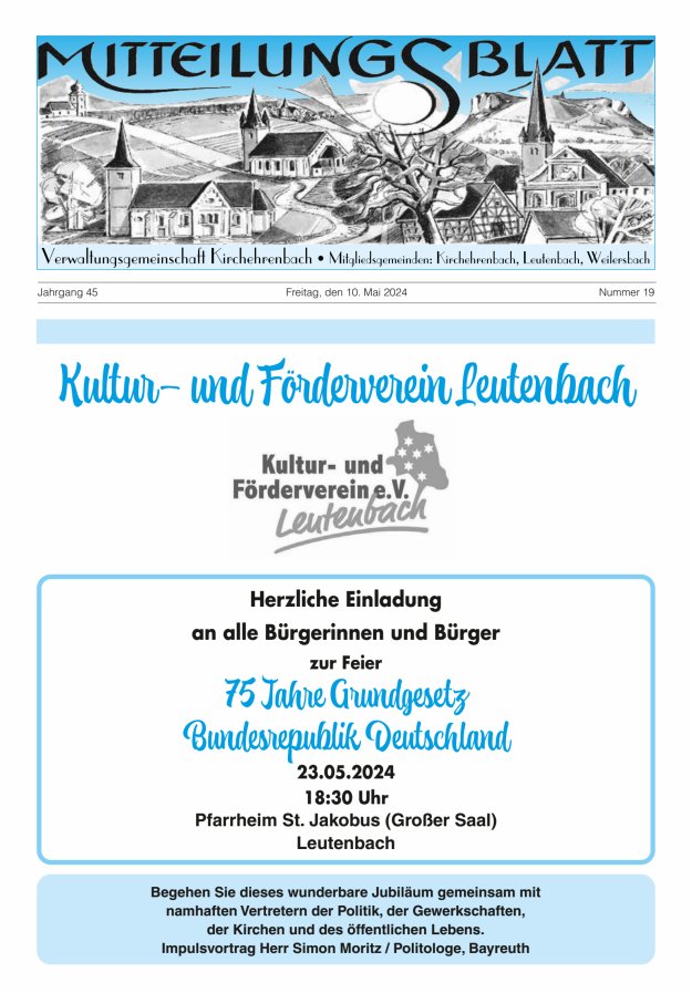 Mitteilungsblatt Verwaltungsgemeinschaft Kirchehrenbach Titelblatt 19/2024
