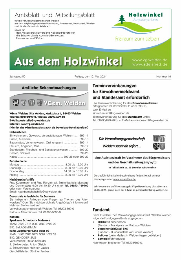 Aus dem Holzwinkel Amtsblatt u Mitteilungsblatt f VG Welden u GemAdelsried Titelblatt 19/2024