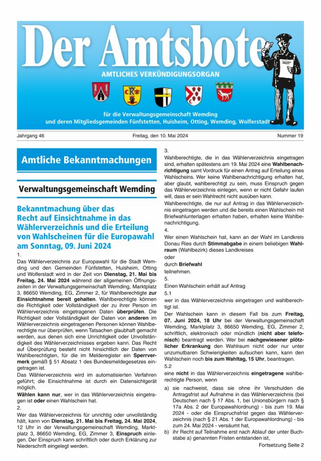 Der Amtsbote - Wemding Verwaltungsgemeinschaft Titelblatt 19/2024