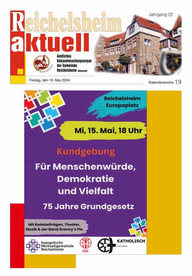 Reichelsheim aktuell - Amtsblatt der Gemeinde Reichelsheim(Odenwald) Titelblatt 19/2024