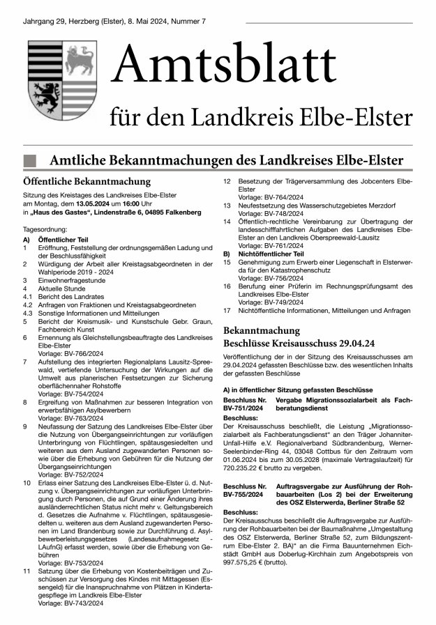 Amtsblatt für den Landkreis Elbe-Elster Titelblatt 07/2024