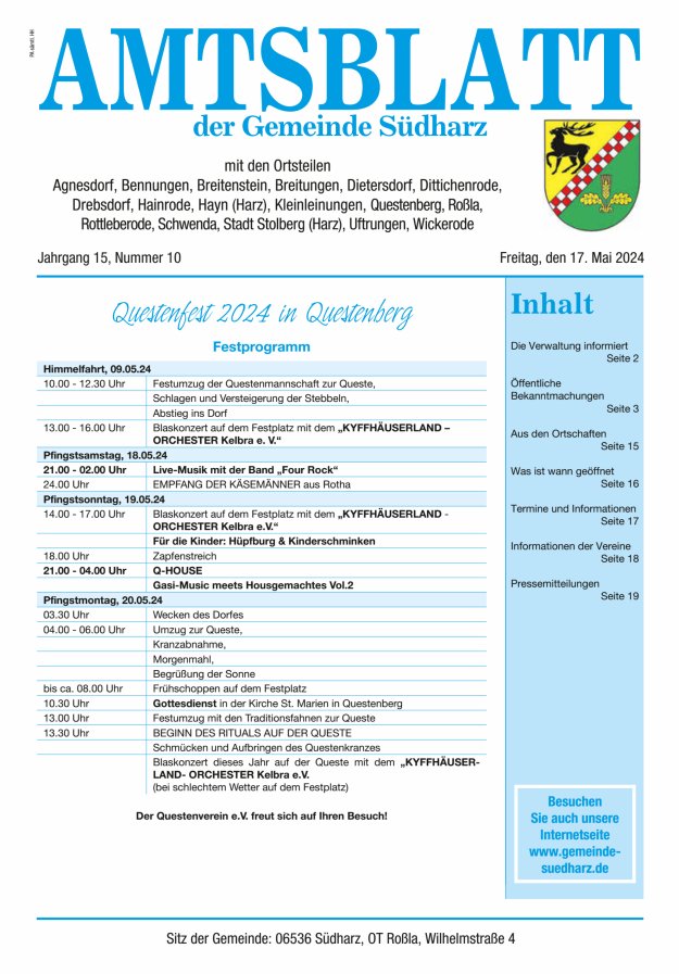 Amtsblatt der Gemeinde Südharz Titelblatt 10/2024
