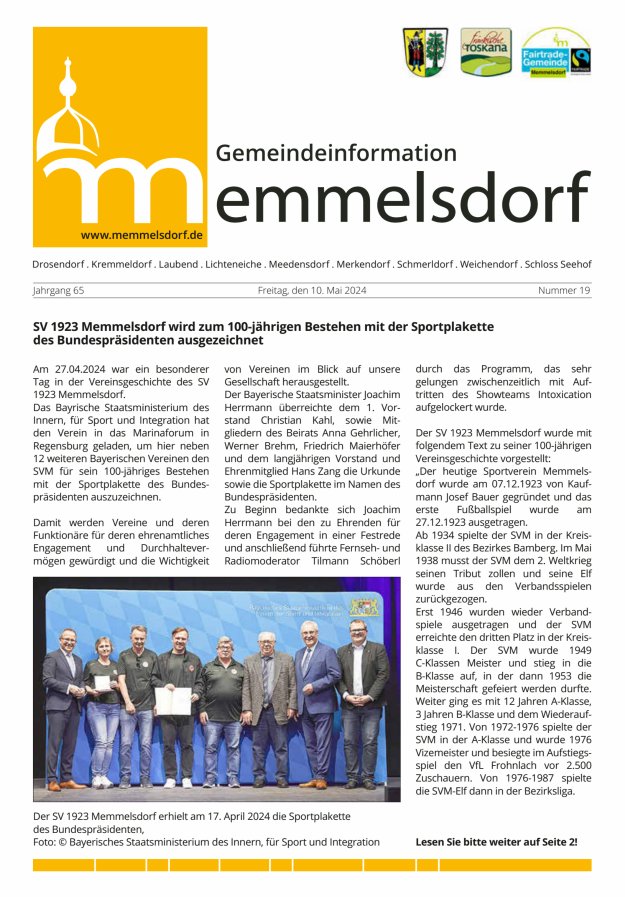 Mitteilungsblatt der Gemeinde Memmelsdorf Titelblatt 19/2024