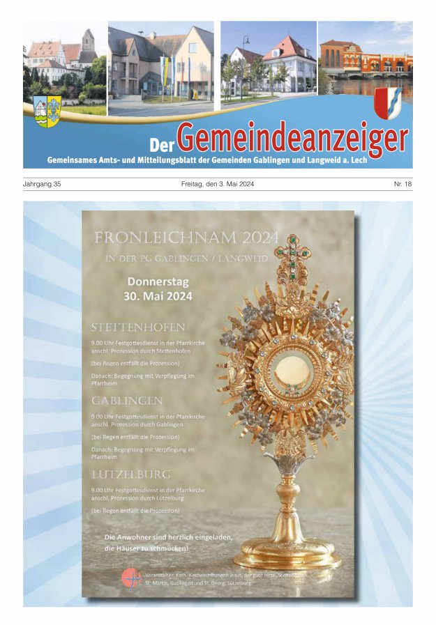 Der Gemeindeanzeiger - Gablingen Langweid Titelblatt 18/2024