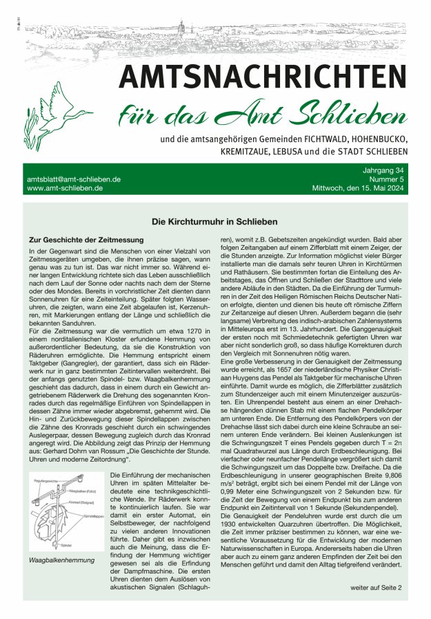 Amtsnachrichten – Amtsblatt für das Amt Schlieben und die amtsangehörigen Gemeinden Titelblatt 05/2024