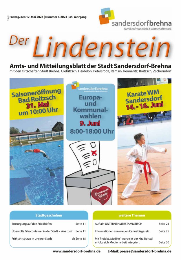 Der Lindenstein Amts- und Mitteilungsblatt der Stadt Sandersdorf-Brehna Titelblatt 05/2024