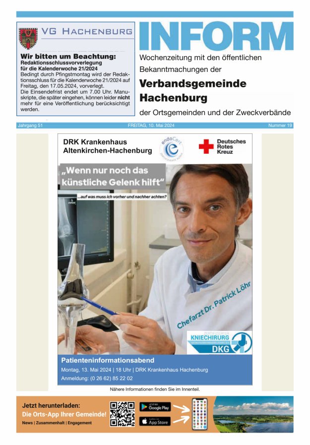 INFORM - Wochenzeitung der Verbandsgemeinde Hachenburg Titelblatt 19/2024