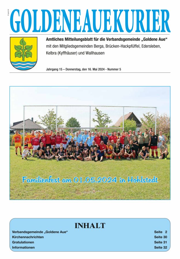 Goldene Aue Kurier – Amtliches Mitteilungsblatt für die Verbandsgemeinde "Goldene Aue" Titelblatt 05/2024