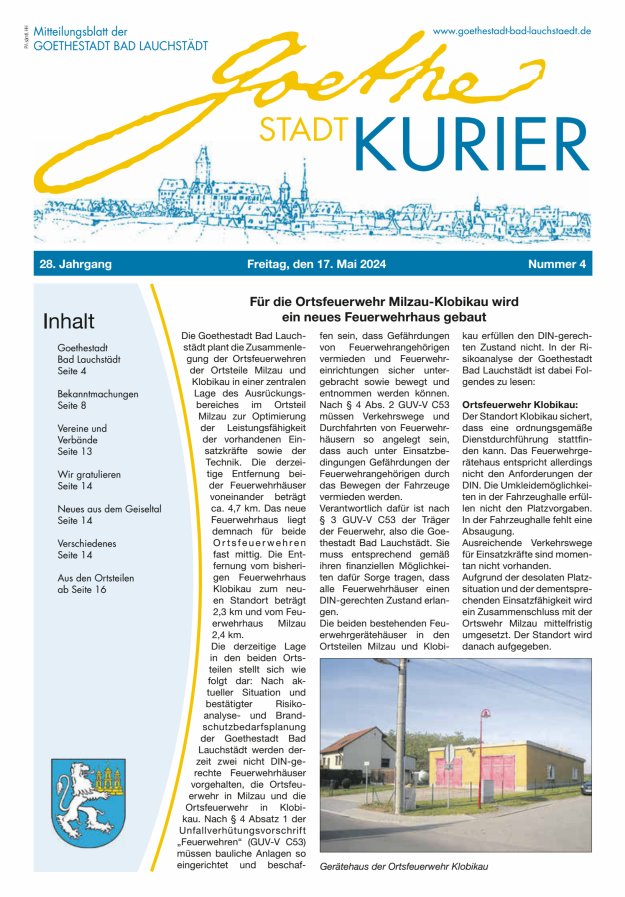 Goethestadt Kurier - Mitteilungsblatt der Goethestadt Bad Lauchstädt Titelblatt 04/2024