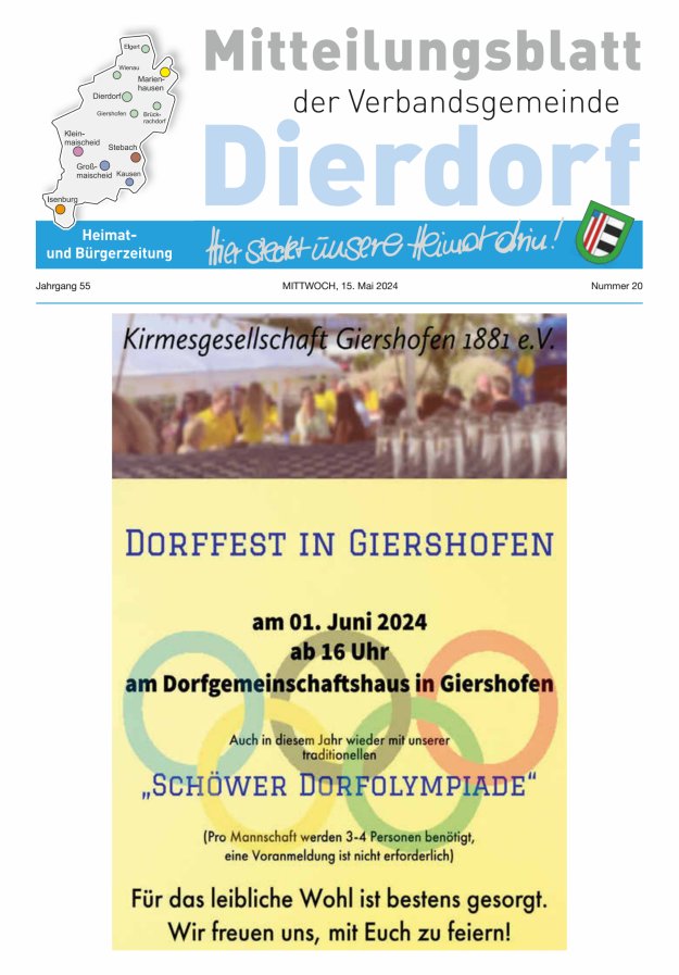Mitteilungsblatt der Verbandsgemeinde Dierdorf Titelblatt 20/2024