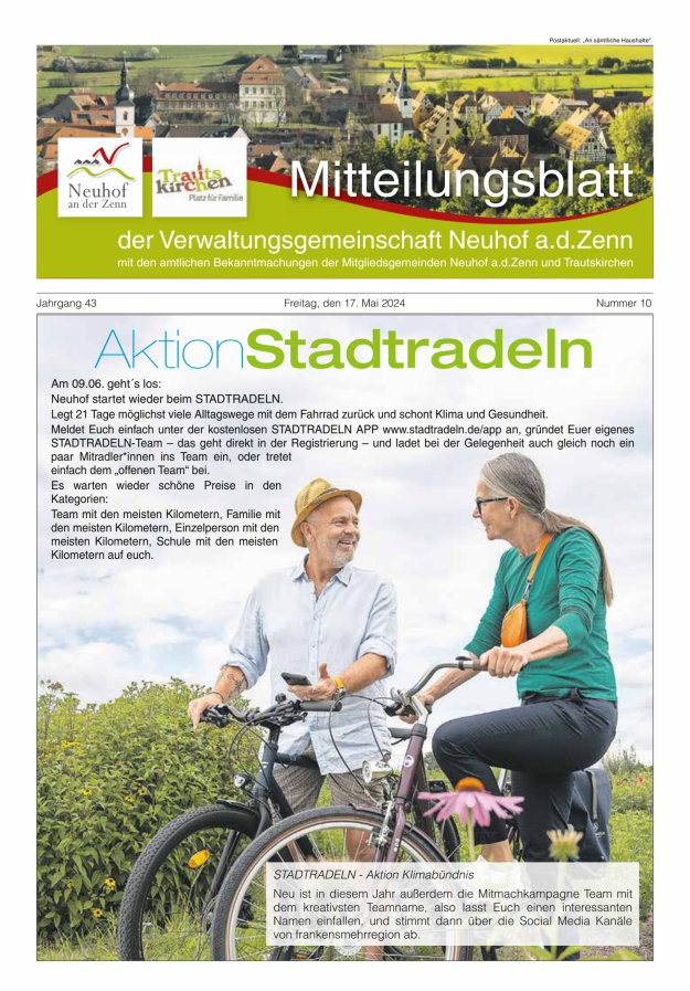Mitteilungsblatt der Verwaltungsgemeinschaft Neuhof an der Zenn mit den amtlichen Bekanntmachungen der Mitgliedsgemeinden Neuhof an der Zenn und Trautskirchen Titelblatt 10/2024