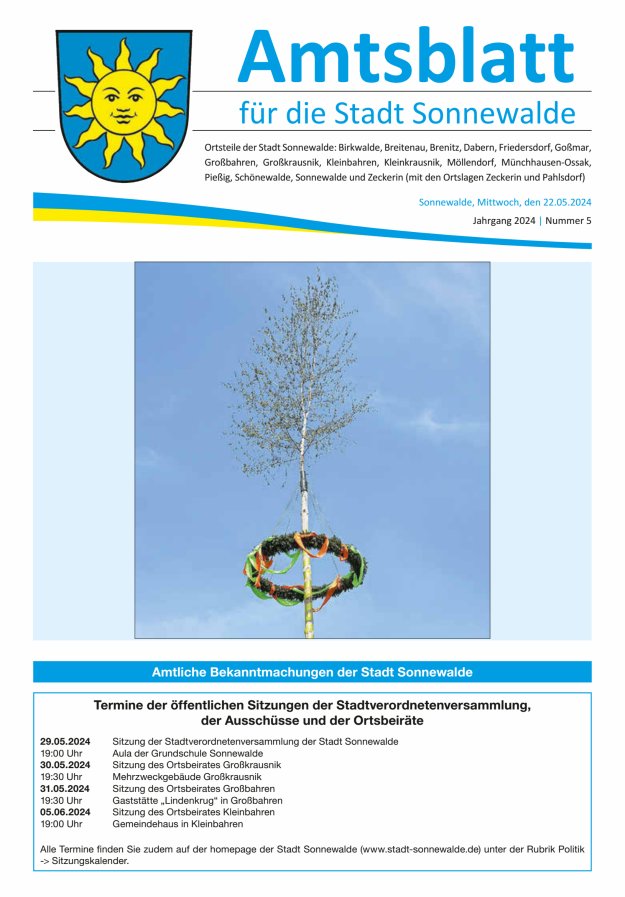 Amtsblatt für die Stadt Sonnewalde Titelblatt 05/2024