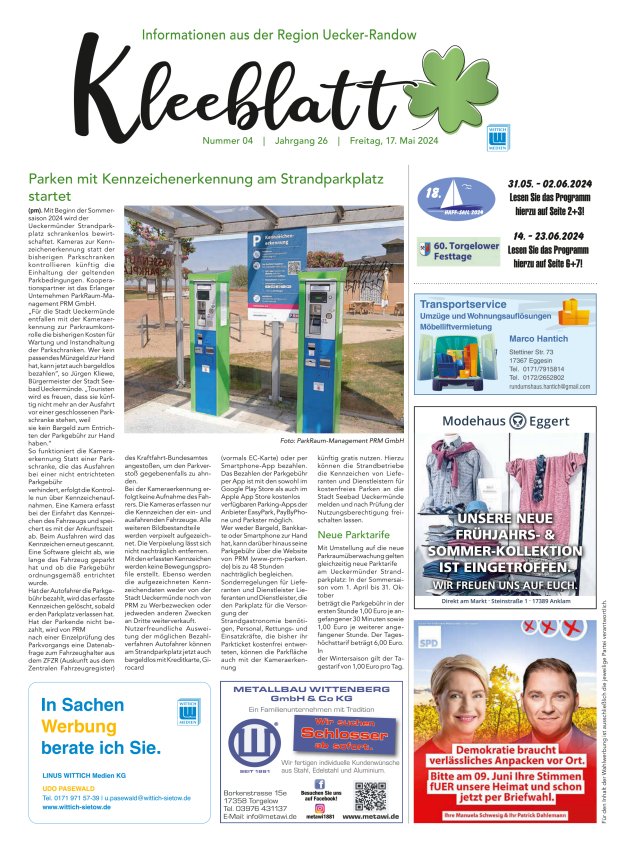 Kleeblatt - Mitteilungsblatt der Region Uecker-Randow Titelblatt 04/2024