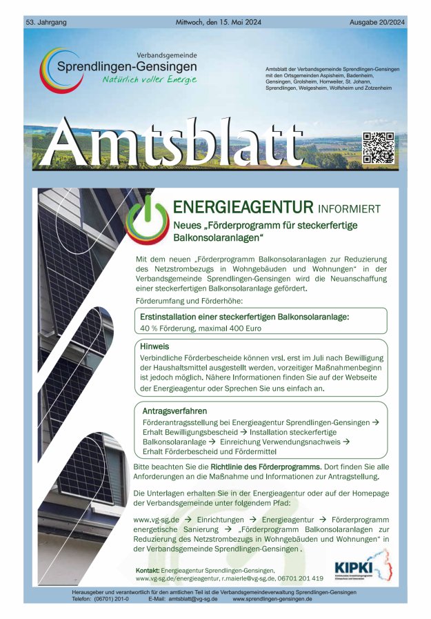 Amtsblatt VG Sprendlingen-Gensingen Titelblatt 20/2024
