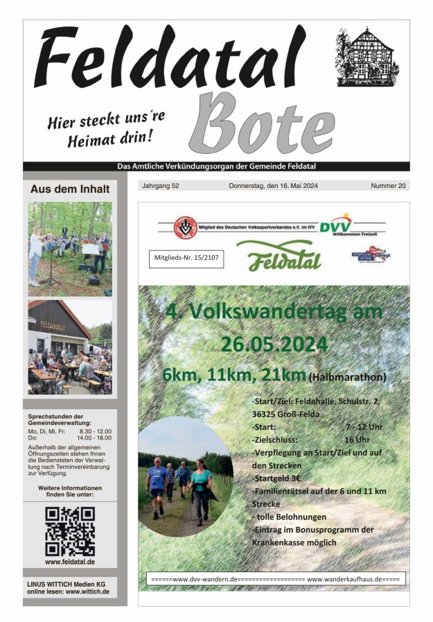 Das Amtliche Verkündungsorgan der Gemeinde Feldatal Titelblatt 20/2024