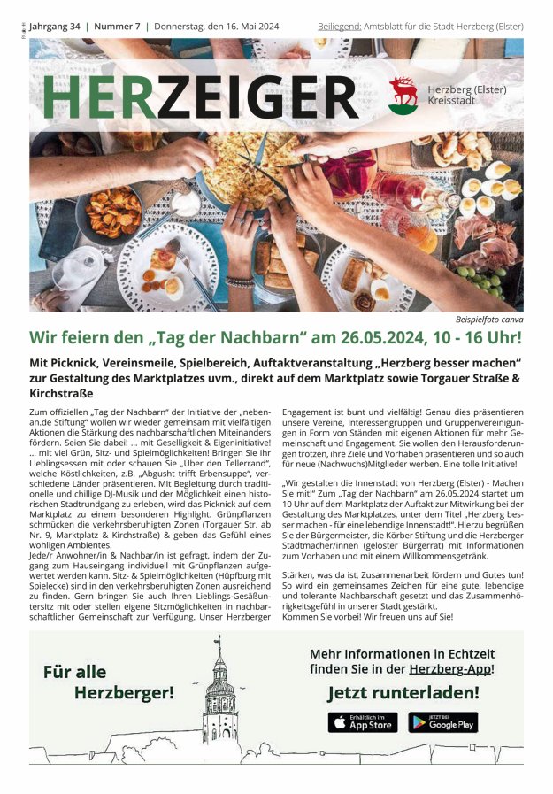 Amtsblatt für die Stadt Herzberg (Elster) mit Bekanntmachungen der Stadt  Titelblatt 07/2024