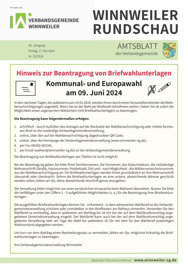 Winnweiler Rundschau Titelblatt 20/2024