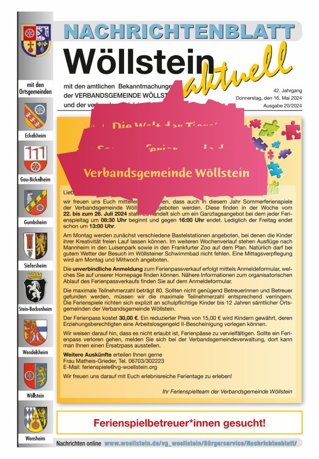 Nachrichtenblatt Wöllstein aktuell Titelblatt 20/2024