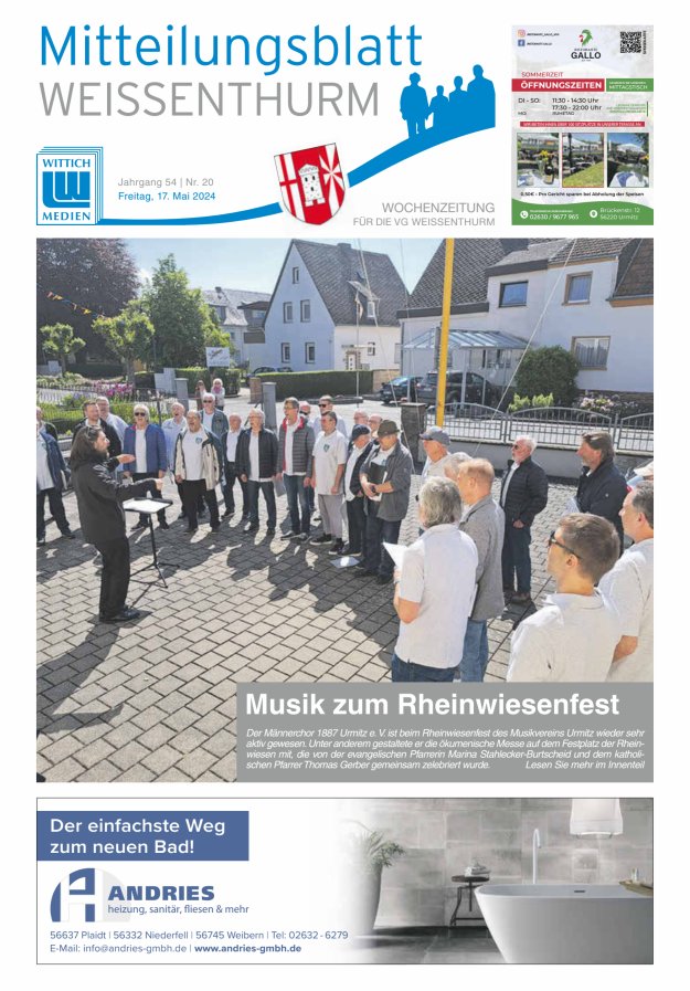 Mitteilungsblatt für den Bereich der Verbandsgemeinde Weißenthurm Titelblatt 20/2024