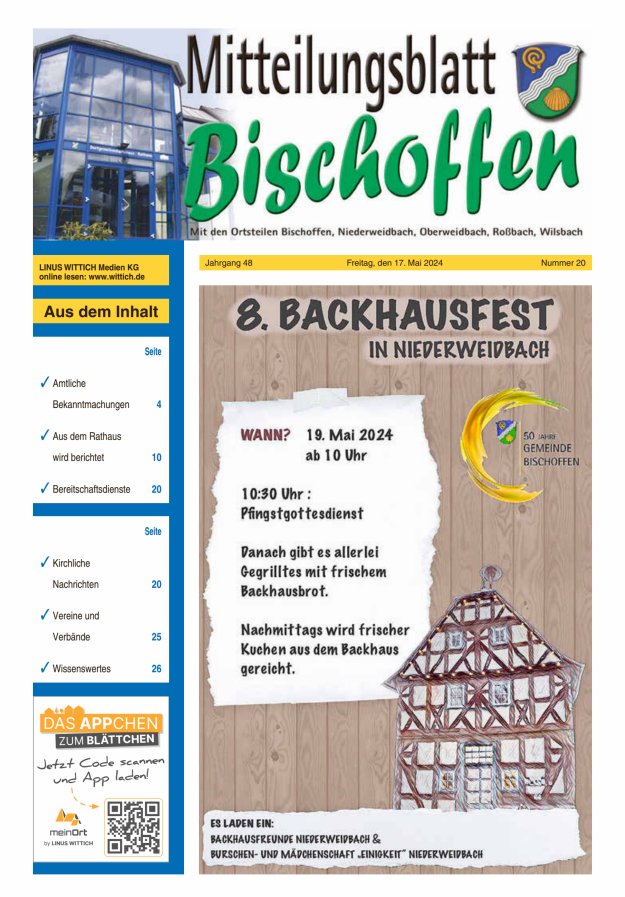 Mitteilungsblatt für die Gemeinde Bischoffen Titelblatt 20/2024