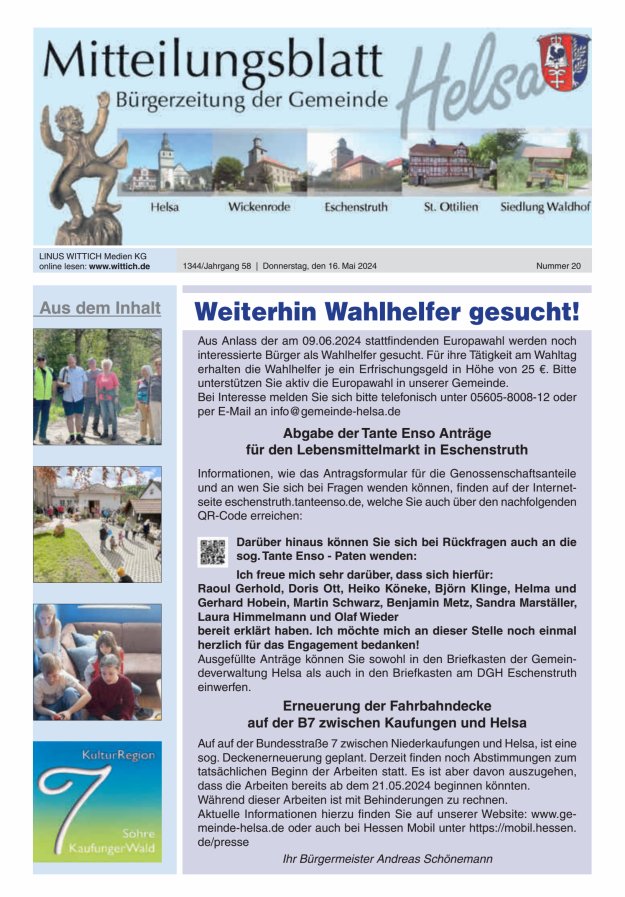 Mitteilungsblatt Helsa Titelblatt 20/2024