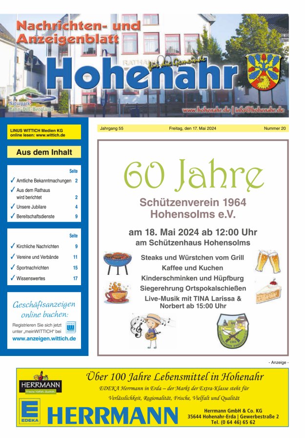 Nachrichten- und Anzeigenblatt für die Gemeinde Hohenahr Titelblatt 20/2024