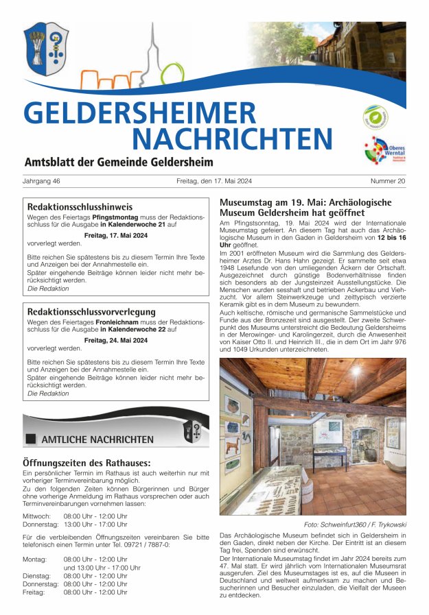 Geldersheimer Nachrichten Amtsblatt der Gemeinde Geldersheim Titelblatt 20/2024