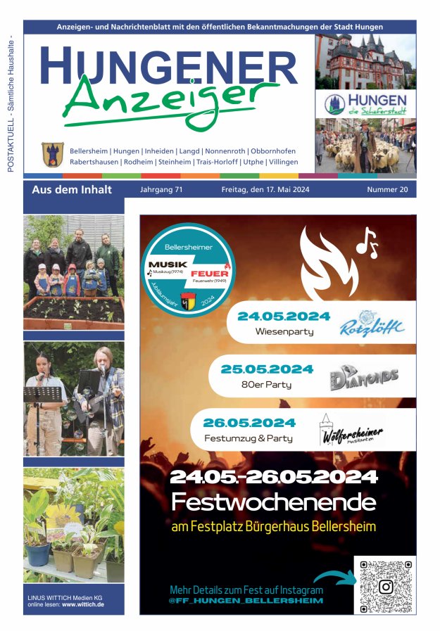 Anzeigen- und Nachrichtenblatt mit den öff  Bekanntmachungen der Stadt Hungen Titelblatt 20/2024