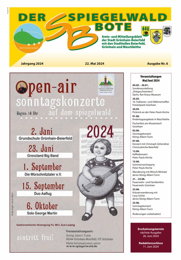 Der Spiegelwaldbote - Amts- und Mitteilungsblatt der Gemeinde Grünhain-Beierfeld  Titelblatt 06/2024