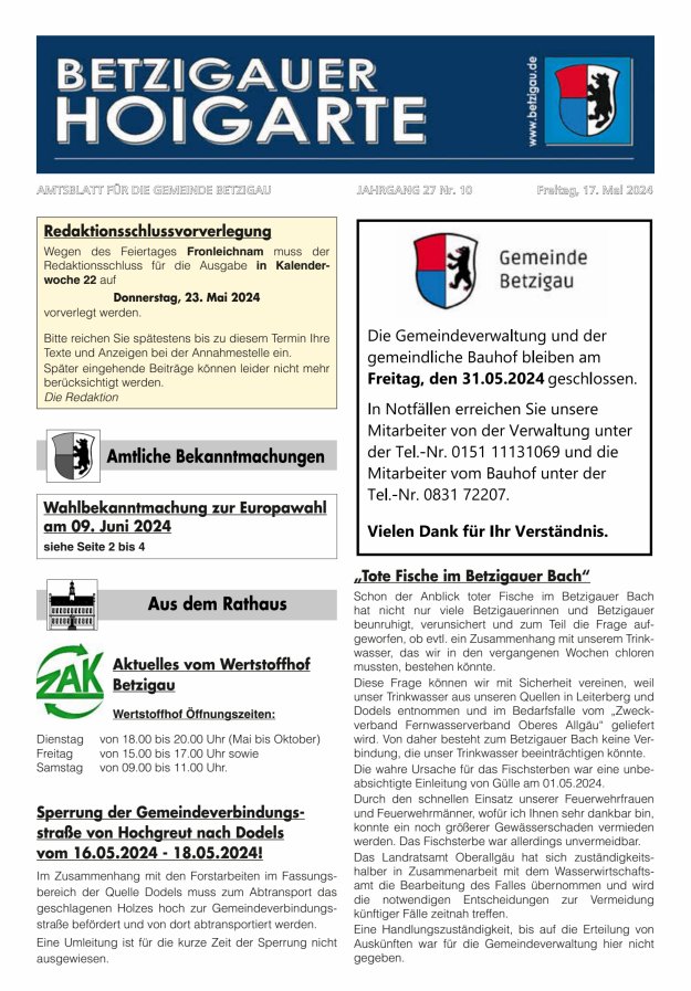 Betzigauer Hoigarte Amtsblatt der Gemeinde Betzigau Titelblatt 10/2024