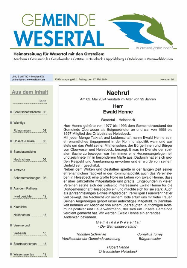 Wesertal Titelblatt 20/2024