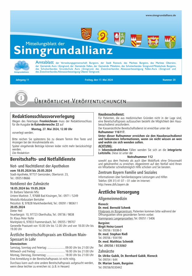 Mitteilungsblatt der Sinngrundallianz Titelblatt 20/2024