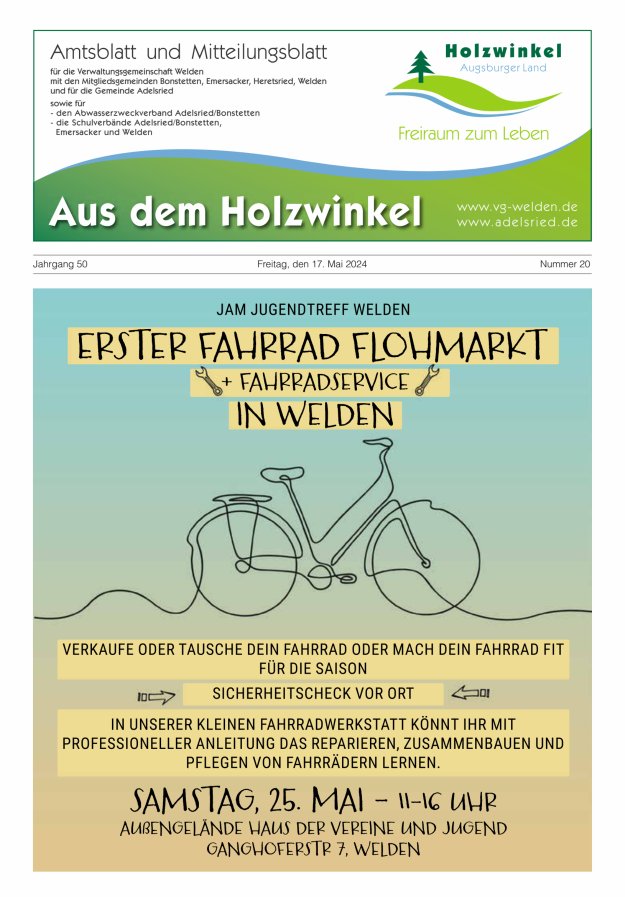 Aus dem Holzwinkel Amtsblatt u Mitteilungsblatt f VG Welden u GemAdelsried Titelblatt 20/2024