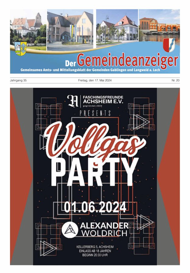 Der Gemeindeanzeiger - Gablingen Langweid Titelblatt 20/2024