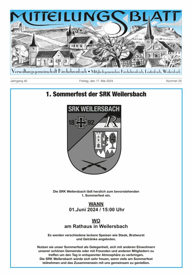 Mitteilungsblatt Verwaltungsgemeinschaft Kirchehrenbach Titelblatt 20/2024
