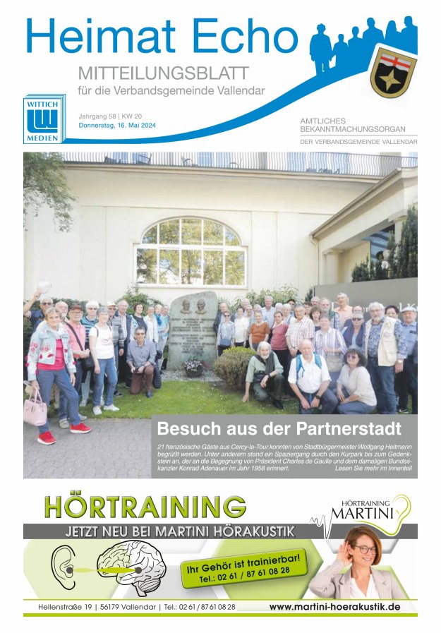 Heimat-Echo - Heimat- und Bürgerzeitung Verbandsgemeinde Vallendar Titelblatt 20/2024