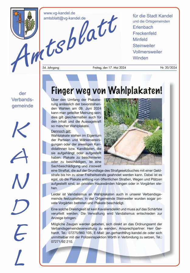 Amtsblatt VG Kandel Titelblatt 20/2024