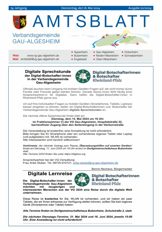 Amtsblatt der VG Gau-Algesheim Titelblatt 20/2024
