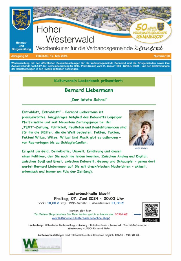 Hoher Westerwald - Wochenkurier für die Verbandsgemeinde Rennerod Titelblatt 20/2024