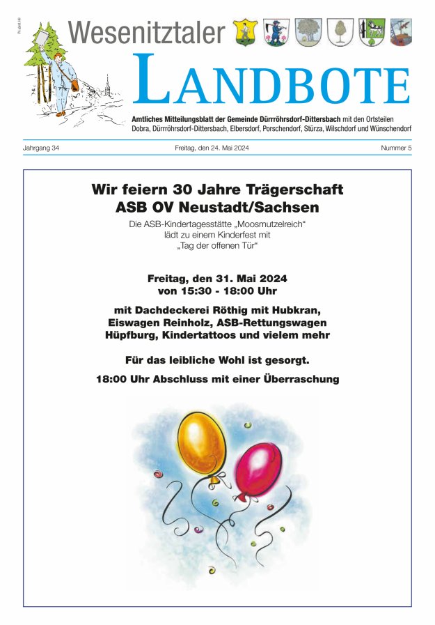 Wesenitztaler Landbote – Amtliches Mitteilungsblatt der Gemeinde Dürrröhrsdorf-Dittersbach Titelblatt 05/2024