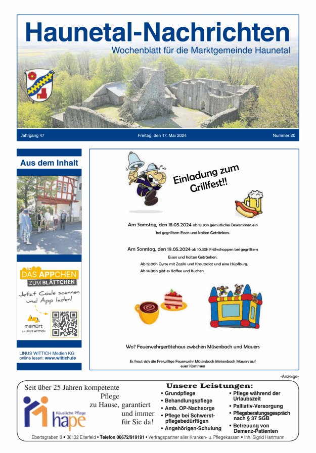 Haunetal-Nachrichten Titelblatt 20/2024