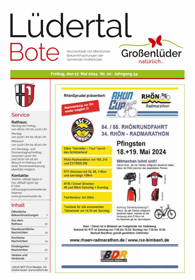 Wochenblatt mit öffentlichen Bekanntmachungen der Gemeinde Großenlüder Titelblatt 20/2024