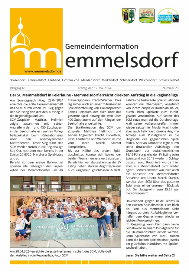 Mitteilungsblatt der Gemeinde Memmelsdorf Titelblatt 20/2024