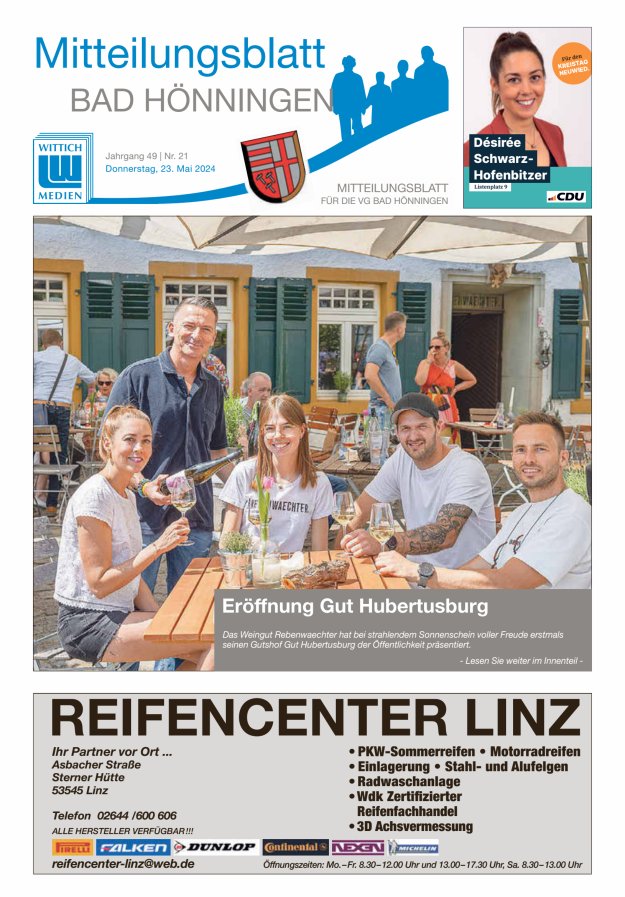 Mitteilungsblatt für den Bereich der Verbandsgemeinde Bad Hönningen Titelblatt 21/2024