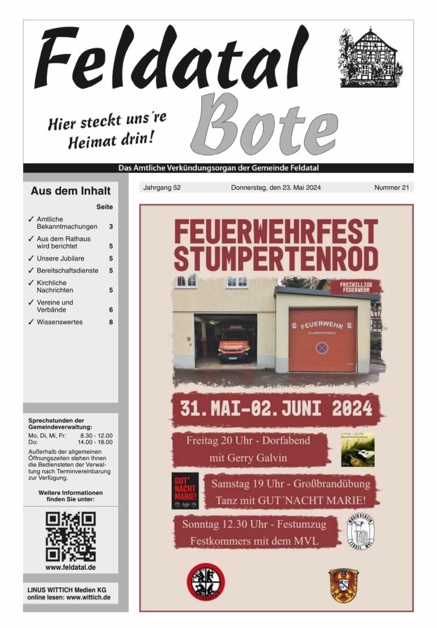 Das Amtliche Verkündungsorgan der Gemeinde Feldatal Titelblatt 21/2024