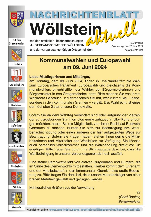Nachrichtenblatt Wöllstein aktuell Titelblatt 21/2024
