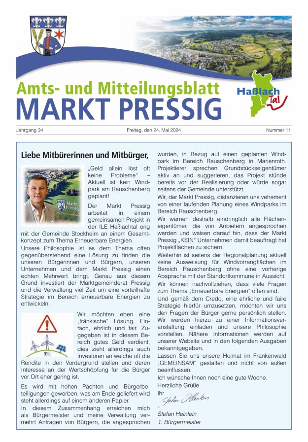 Amtsblatt für den Markt Pressig mit den Gemeindeteilen Titelblatt 11/2024